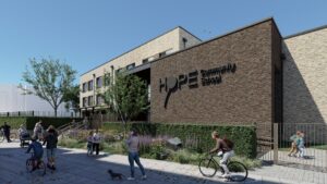 CGI showing the main entrance and landscaped frontage of Hope Community School