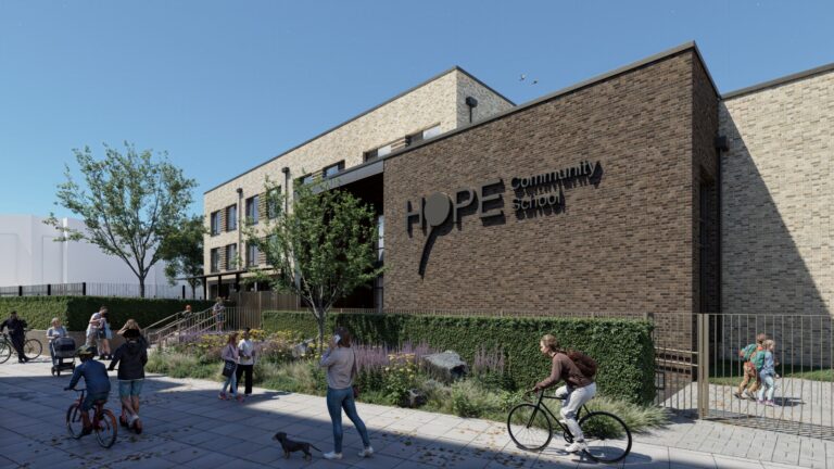 CGI showing the main entrance and landscaped frontage of Hope Community School