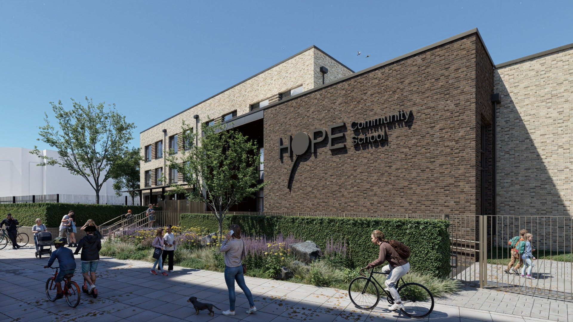 Noviun Ltd — CGI showing the main entrance and landscaped frontage of Hope Community School