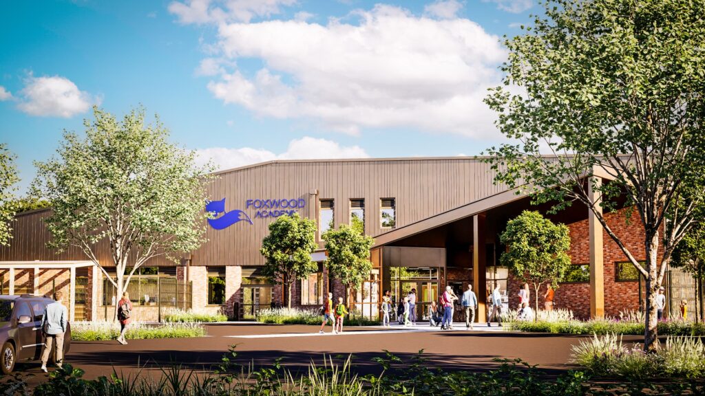 CGI of the landscaped main entrance to Foxwood Academy 2 in Bramcote