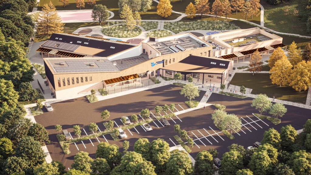 Aerial CGI of Foxwood Academy 2 showing the school building, landscaped grounds and rooftop solar panels