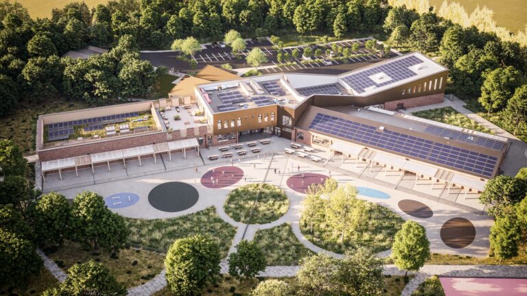 Aerial CGI of Foxwood Academy 2 with its central courtyard, outdoor learning spaces and rooftop solar panels