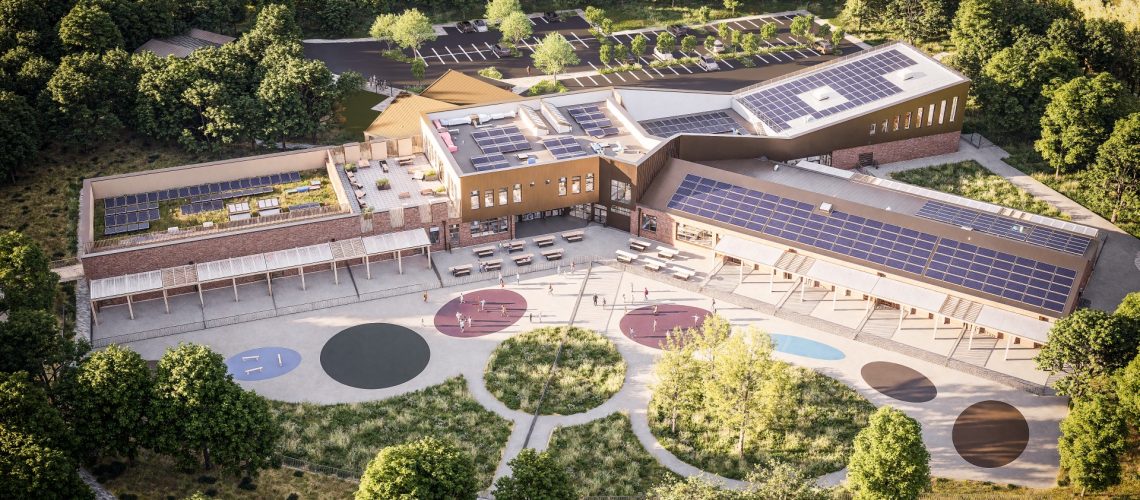 Aerial CGI of Foxwood Academy 2 with its central courtyard, outdoor learning spaces and rooftop solar panels
