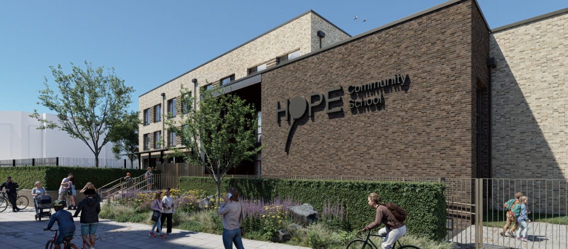 CGI showing the main entrance and landscaped frontage of Hope Community School